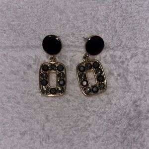 Geometric Black and Gold Drop Earrings with Crystal Accents